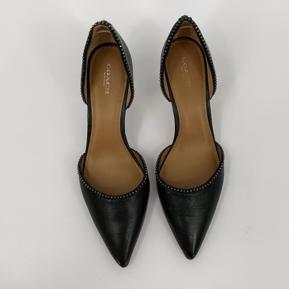 Coach Blossom d'orsay pumps black leather beaded trim kitten heel semi matte 10 - Picture 3 of 7
